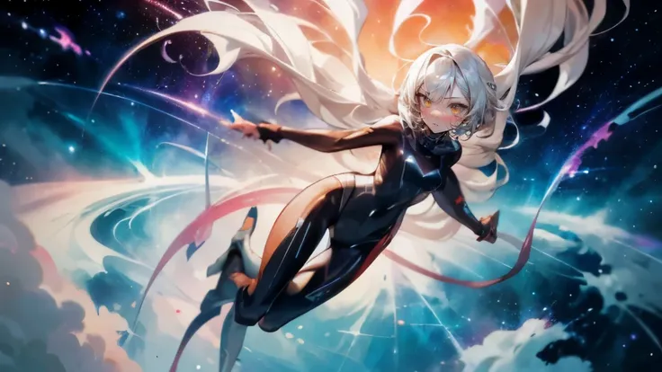 sandy hair fit body, slender thighs slender waist, full body pilot suit, solo looking at viewer in space long hair blushing determination, amazing anime design 