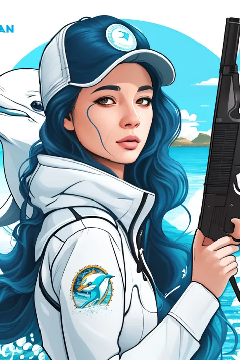 Illustration of a woman with a gun in front of water, digital illustration style, Beautiful artwork illustration, White dolphin on the background, full color digital illustration, Full color illustration, official fan art, In the style of Sachin Ten, offic...