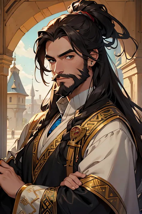 portrait, noble, human, bard, fantasy, anime style, long hair, brow hair, elegant medieval clothes, rich clothes, fantasy clothes, male, beard, silly