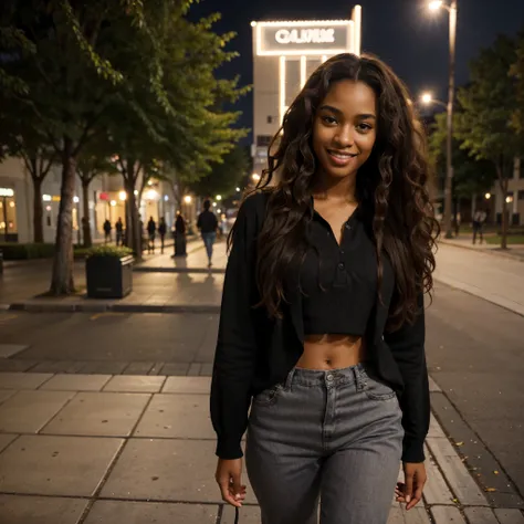 night shot of black American beautiful model, wearing trendy outfit, natural pose, walking and listening to music outside, long curly brown hairs, hazel eyes, happy face, realistic photography, natural pose, realistic texture