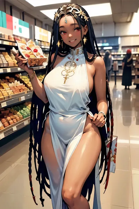 NSFW, 1girl, official anime art illustration, gilded jeweled circlet, long white dreadlocks, red eyes, (tall plump dark-skinned Haitian girl inside grocery store bakery aisle), small breasts, sheer tight detailed red dress, coffee in hand, wink and smile e...