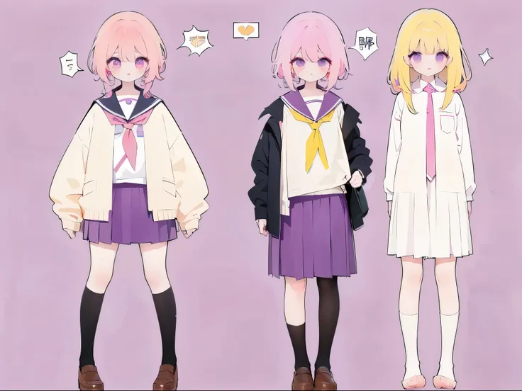 full length girl, pink school uniform, yellow hair, Purple eyes, Background school, Embarrassed
