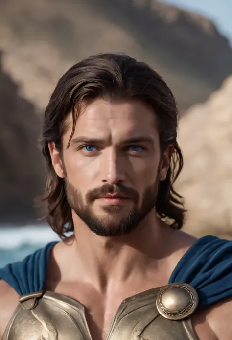 Poseidon, shoulder length brown hair, beard, ocean blue eyes, chiton, muscular. Realistic hyper-detailed portraits, masculine, western style portraits, digital art techniques, wearing a superhero costume