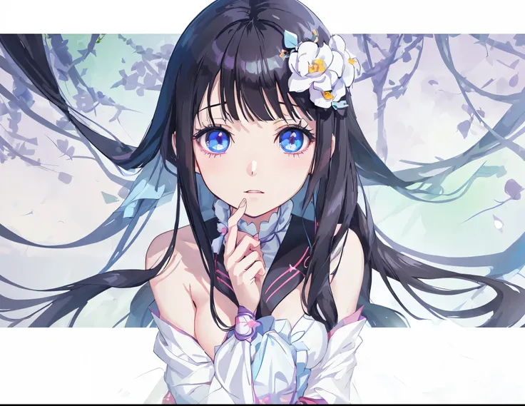 anime girl with long black hair and blue eyes with flowers in her hair, anime visual of a cute girl, close up iwakura lain, anime moe artstyle, iwakura lain, close up of iwakura lain, smooth anime cg art, visual novel cg, anime portrait of shiina ringo, an...