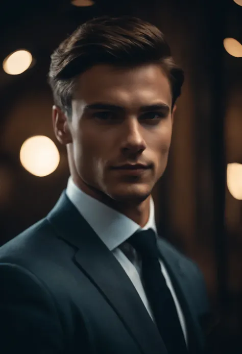 Portrait of a young man with a bit of muscle and brown hair, Dressed in a businessman style