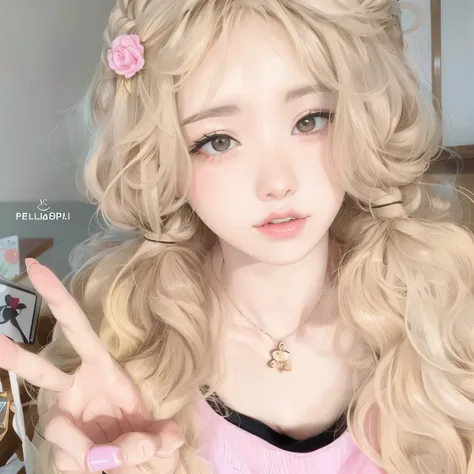 chica de pelo rubio con un signo de la paz y una camisa rosa, ulzzang, peinado kawaii, peinado kawaii, Lalisa Manobal, hada, peinado de dos colas, bella delfina, peinado de corte hime blanco, el corte de hime, shikami, pelo rubio rizado largo y esponjoso, ...