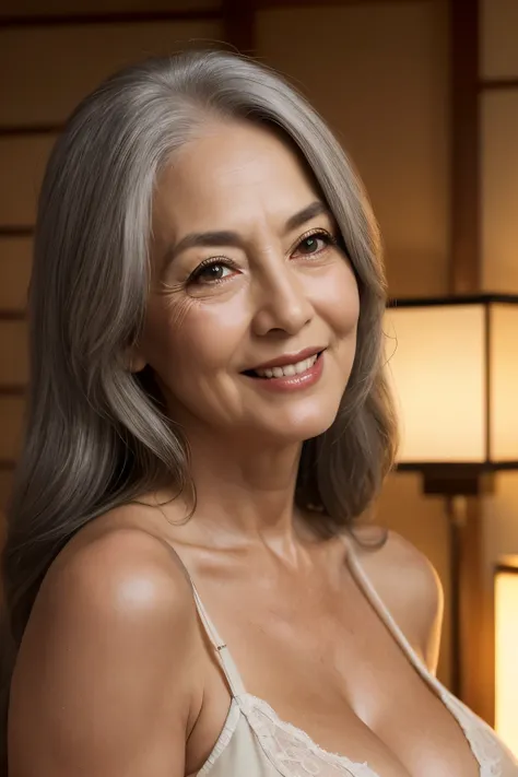 65 years old,(milf:1.2), a captivating gaze,(((long old gray hair))),brown eyes, (a lot of wrinkles on her face:1.4), (there are...