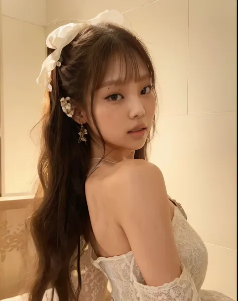 1 garota, Camisa xadrez, casaco de pele, Background of the Kremlin Palace, Outdoo, beehive,melhor qualidade, ultra high resolution, fotorrealista, jennie do blackpink, jennie linda, kim jennie, kim jennie blackpink, kim jennie do blackpink 