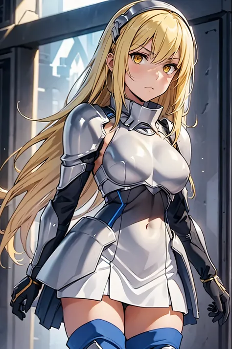 ais, 1girl, solo, blonde hair, armor, long hair, straight hair, thighhighs, boots, dress, yellow eyes, thigh boots, blue long boots, blue footwear, covered navel, breastplate, shoulder armor, gloves, white dress,disgust
