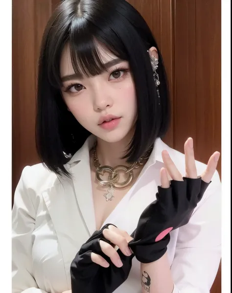 there is a woman with a black hair and a white shirt, cruel korean goth girl, twintails branco_Luvas, Retrato de Jossi de Blackpink, Jisoo do Blackpink, Ulzzang, Sakimichan, Lalisa Manobal, Xision Wu, preto hime corte cabelo, Retrato Jisoo Blackpink, kanli...