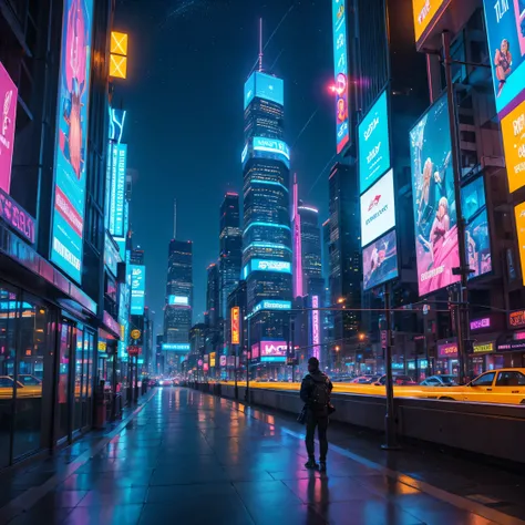 "Visualize and create an image of a futuristic cityscape bathed in vibrant neon colors. Skyscrapers and buildings soar into the sky, their sleek and innovative designs reflecting a blend of advanced technology and artistic vision. The streets below are bus...