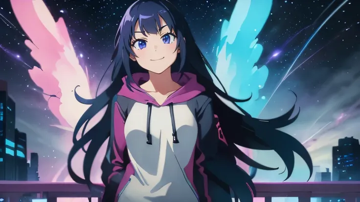 (Best quality), 1girl wearing a hoodie and blue jeans, smiling, large breasts, sexy fit body figure, standing on space bridge,solo looking at viewer, long hair, blue and purple neon colors with a city in the background 