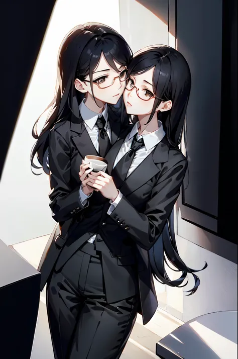 2heads, 1girl, glasses, asian, very long white hair, petite body, short, black necktie, jacket, trouser, collared shirt, black p...