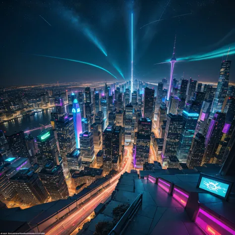 "Visualize and create an image of a futuristic cityscape bathed in vibrant neon colors. Skyscrapers and buildings soar into the sky, their sleek and innovative designs reflecting a blend of advanced technology and artistic vision. The streets below are bus...