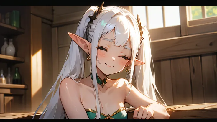 (1 girl),(((pointy ears))),((twintails)),((earrings)),jewelry,(((solo))),(((smile))),towel,(((long hair))),(((,elf girl))),wooden floor,pillarboxed,(((half-closed eyes))),indoors,(((white hair))),(((small breasts))),table,bare shoulders,parted bangs,holdin...