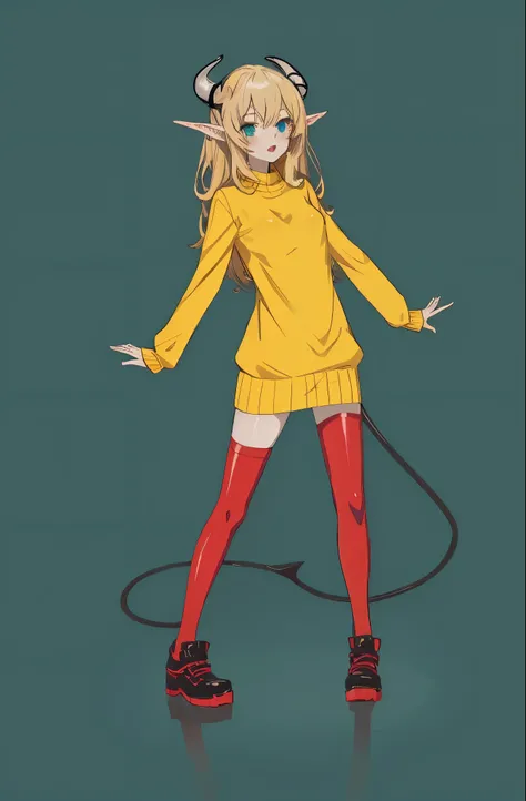 anime girl full body concept art, glossy latex yellow sweater with reflections, pale red kneesocks, demon horns on the head, blonde volume hair, long elf ears, dark teal background