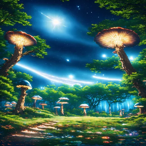 (best quality,4k,8k,highres,masterpiece:1.2),ultra-detailed,(realistic,photorealistic,photo-realistic:1.37),anime style,forest space background,vivid colors,elaborate details,anime girl,night scene,star-filled sky,dreamy atmosphere,captivating view,fantasy...