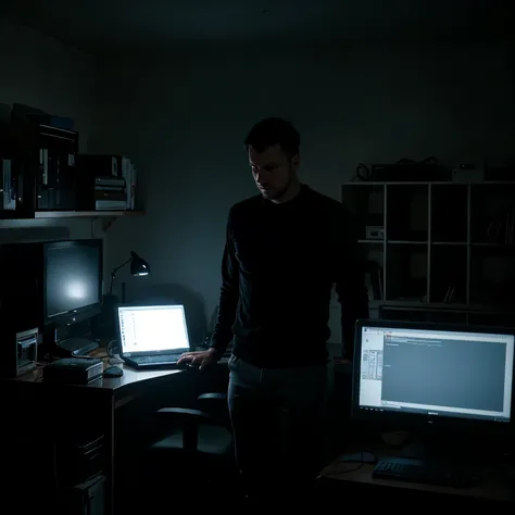 30 years old eastern europe man programmer in a dark room works on computer