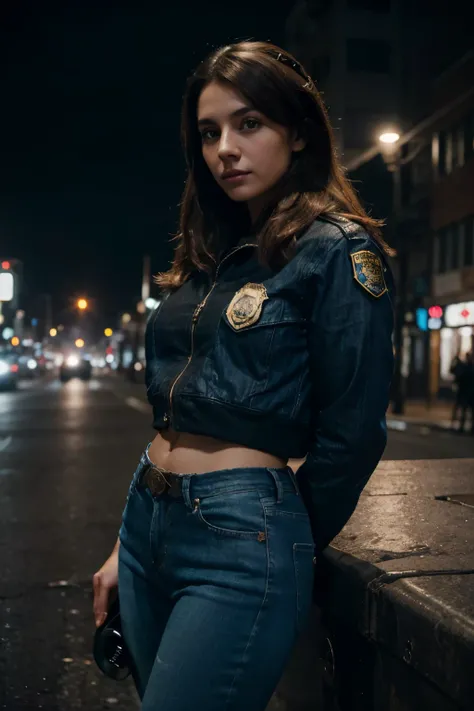 Retrato de natlp como una hermosa modelo femenina, Kindred, Lamb, hermoso rostro, with short dark brown hair, en la ciudad cyberpunk de noche. Lleva una chaqueta de cuero, jeans negros, dramatic lighting, (police badge:1.2)