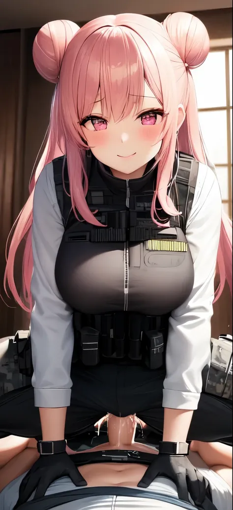 e, 1girl, satou matsuzaka, solo, long_hair, looking_at_viewer, very long hair, hair buns, double buns , gloves, pink_eyes, jacket, pink_hair, military, pouch, tactical_clothes, load_bearing_vest, bulletproof_vest, (((tactical pants))), walkie-talkie ,pink ...