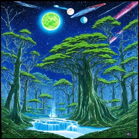 Dibujo de anime del espacio del bosque,  intrincado, vivid colors,mundo misterioso,teraformacion,espectacular,super detallado