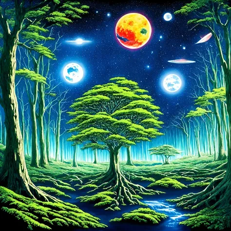 Dibujo de anime del espacio del bosque,  intrincado, vivid colors,mundo misterioso,teraformacion,espectacular,super detallado