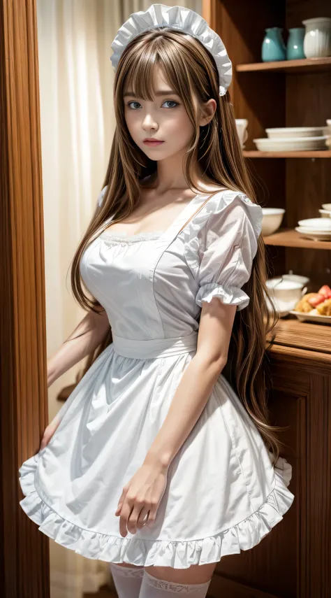 (High resolution), (the most absurd quality), (high quality), (masterpiece), 1 girl, Asuna, blue eyes, long hair, Hello, hair above one eye, very long hair, light brown hair, (big breasts), hair ribbon, maid, maid headdress, apron, frills, frilled apron, p...