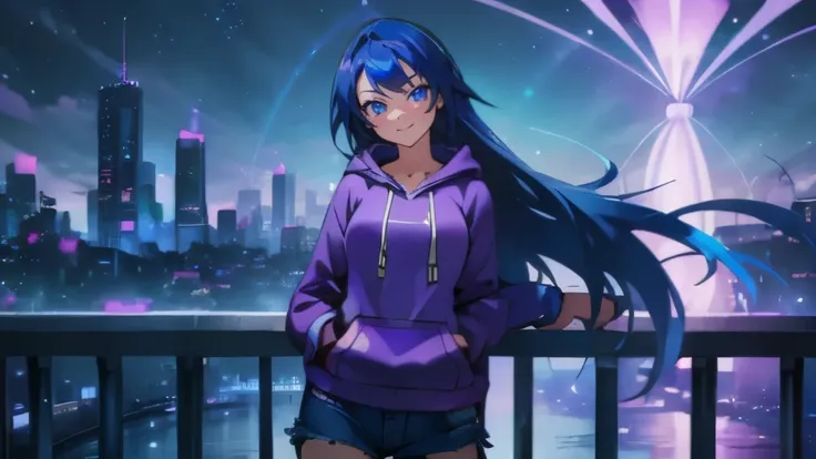 (Best quality), 1girl wearing a purple and blue hoodie and blue jeans shorts, smiling, blue eyes large breasts, sexy fit body figure, solo looking at viewer, long hair, blue and purple neon colors with a city in the background on a bridge 