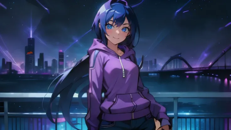 (Best quality), 1girl wearing a purple and blue hoodie and blue jeans shorts, smiling, blue eyes large breasts, sexy fit body figure, solo looking at viewer, long hair, blue and purple neon colors with a city in the background on a bridge 