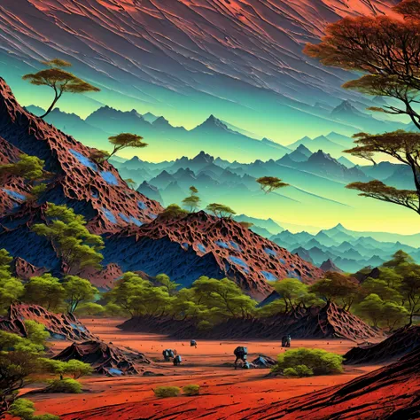 vivid colors, intricate, detailed anime-style forest space drawing, Martian soil on Mars-like landscape, another planet, fantastic creatures, awe-inspiring scenery