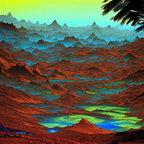 vivid colors, intricate, detailed anime-style forest space drawing, Martian soil on Mars-like landscape, another planet, fantastic creatures, awe-inspiring scenery