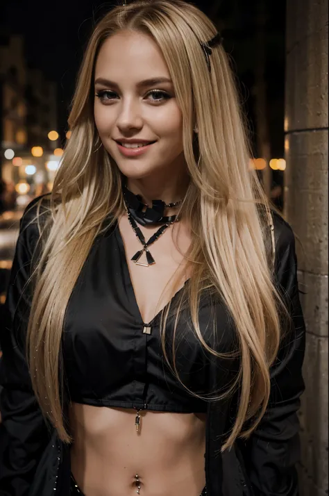 night shot of a woman with long blonde hair and a necklace, wearing black party outfit, big lips, smiling outside in night club party, light blonde hair, hazel eyes, realistic photography