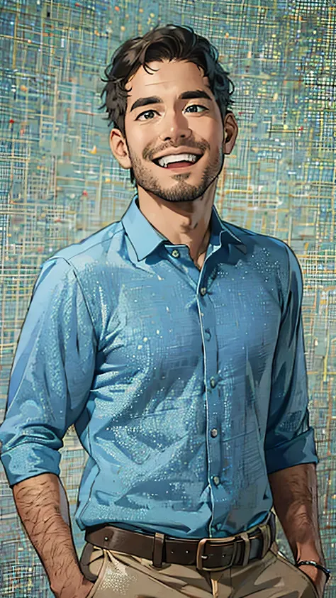 smiling man in blue shirt, standing pose, full body in image, detailed