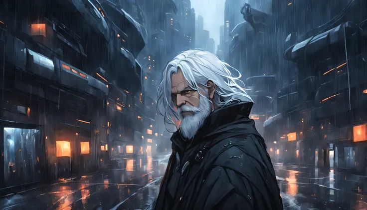 portrait of realistic a master named (Albert) who is old, wears a black cloak, white beard, long white hair, short, many scars, is in a very dark abandoned futuristic city, rainy night
