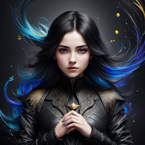 Colorful beautiful girl: a giru 28-years old, messy hair, oil painting, nice perfect face with soft skinice perfect face, blue yellow colors, light purple and violet additions, light red additions, intricate detail, splash screen, 8k resolution, masterpiec...