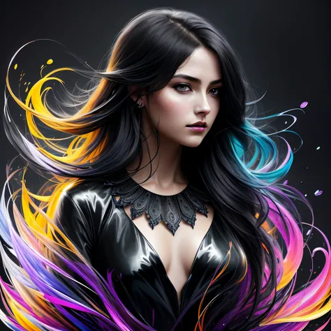 Colorful beautiful girl: a giru 28-years old, messy hair, oil painting, nice perfect face with soft skinice perfect face, blue yellow colors, light purple and violet additions, light red additions, intricate detail, splash screen, 8k resolution, masterpiec...