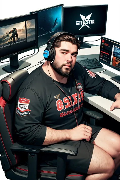 cartoon style, god like skiny fat British man with a big black beard wearing astro a40 headset sat in a gaming chair with no text and a gaming pc in the background



