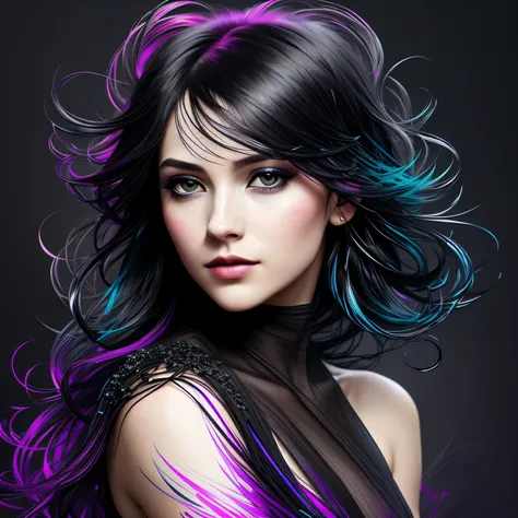 Colorful beautiful girl: a giru 28-years old, messy hair, oil painting, nice perfect face with soft skinice perfect face, blue yellow colors, light purple and violet additions, light red additions, intricate detail, splash screen, 8k resolution, masterpiec...