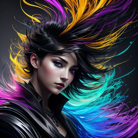 Colorful beautiful girl: a giru 28-years old, messy hair, oil painting, nice perfect face with soft skinice perfect face, blue yellow colors, light purple and violet additions, light red additions, intricate detail, splash screen, 8k resolution, masterpiec...