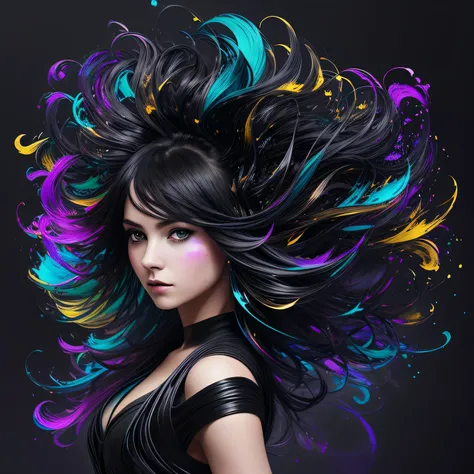 Colorful beautiful girl: a giru 28-years old, messy hair, oil painting, nice perfect face with soft skinice perfect face, blue yellow colors, light purple and violet additions, light red additions, intricate detail, splash screen, 8k resolution, masterpiec...