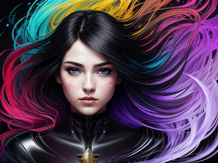 Colorful beautiful girl: a giru 28-years old, messy hair, oil painting, nice perfect face with soft skinice perfect face, blue yellow colors, light purple and violet additions, light red additions, intricate detail, splash screen, 8k resolution, masterpiec...