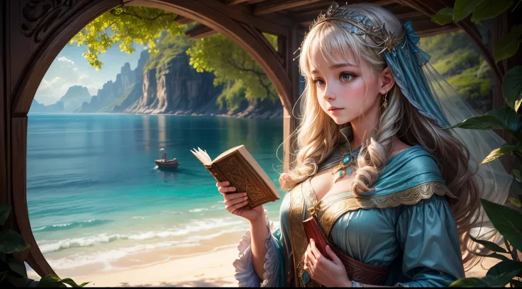 "A realistic photograph of a girl, adorned in enchanting attire, holding an ancient-looking book against the backdrop of a serene seascape. The magic in the air is palpable, accentuated by the soft play of light and shadow. The image merges fantasy and rea...