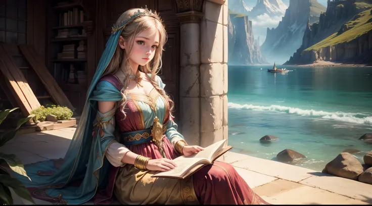 "A realistic photograph of a girl, adorned in enchanting attire, holding an ancient-looking book against the backdrop of a serene seascape. The magic in the air is palpable, accentuated by the soft play of light and shadow. The image merges fantasy and rea...