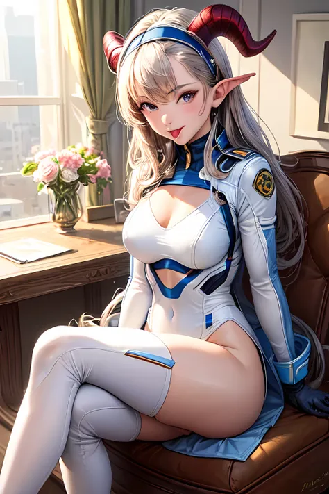 ((best quality)), ((masterpiece)), (detailed), perfect face, masterpiece, best quality, high resolution, cczero2, long hair, horns, headband, white dress, pilot suit, gloves, tongue out, sitting, , (sexy:1.2)