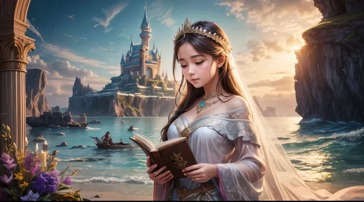 "A realistic photograph of a girl, adorned in enchanting attire, holding an ancient-looking book against the backdrop of a serene seascape. The magic in the air is palpable, accentuated by the soft play of light and shadow. The image merges fantasy and rea...