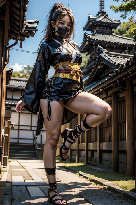 (Japan around 1700:1.5)、1 female、(Super beautiful)、(beautiful face:1.5)、Kunoichi、(Ninja outfit:1.4)、(Clothes:2)、bare legs、spread your legs、In front of a fallen temple、(At SFW:2)