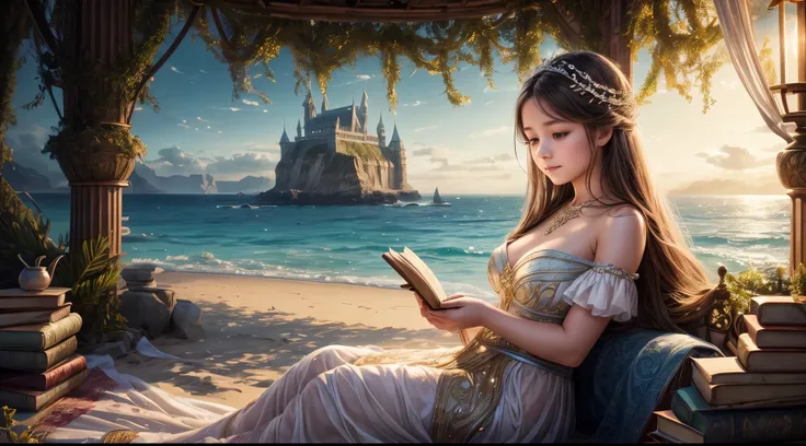 "A realistic photograph of a girl, adorned in enchanting attire, holding an ancient-looking book against the backdrop of a serene seascape. The magic in the air is palpable, accentuated by the soft play of light and shadow. The image merges fantasy and rea...