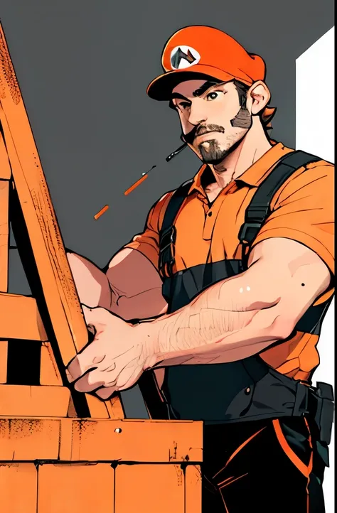 Mario brother, handyman, colour theme Black and orange, white background 