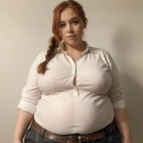 (best quality,4k,8k,highres,masterpiece:1.2),ultra-detailed,(realistic,photorealistic,photo-realistic:1.37)morbidly obese woman, orange hair in a long ponytail, brown eyes, white shirt, black paints, unbuckled belt, tearing at seams, overweight