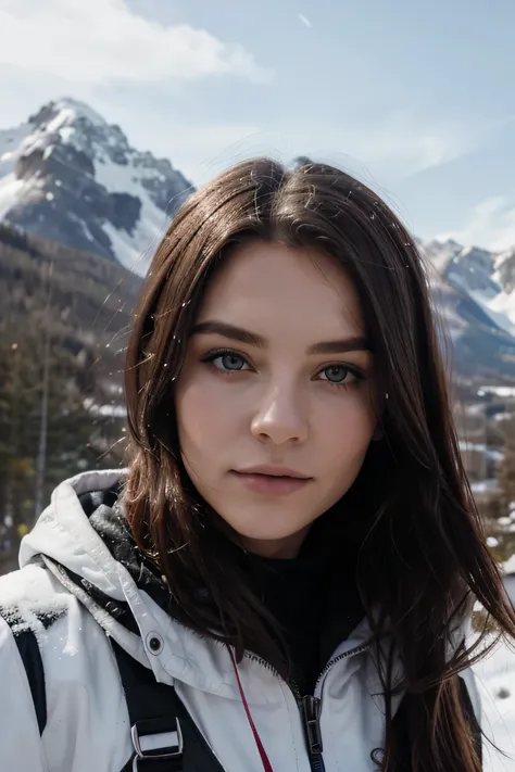 (8 Tausend, Rohfoto, highest quality), beautiful girl, snow, mountain, (Detaillierte Augen:0.8), Trotz512, (highest quality), (bester Schatten), Komplizierte Details, Innere, rote Haare:1.3, Sommersprossen